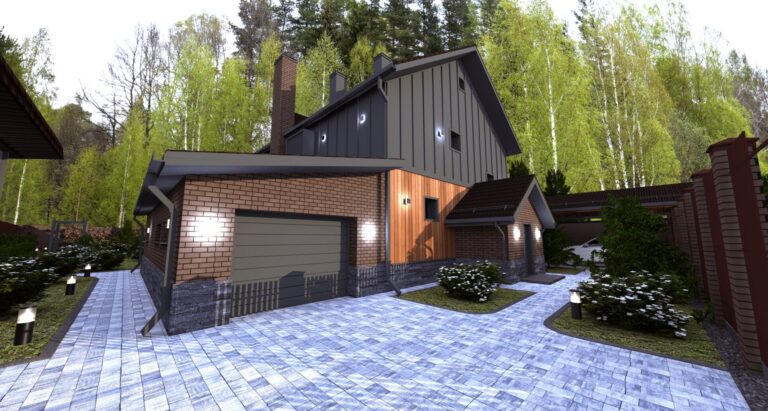 Современный дизайн фасада дома с гаражом